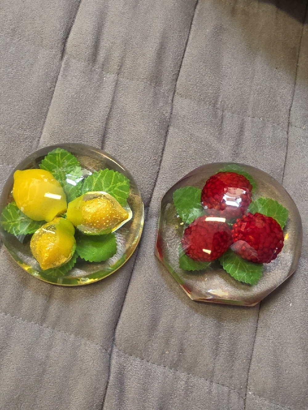 Vtg 2 Lucite Fruit Lids For Jam Containers Yellow Lemons & Red Raspberries